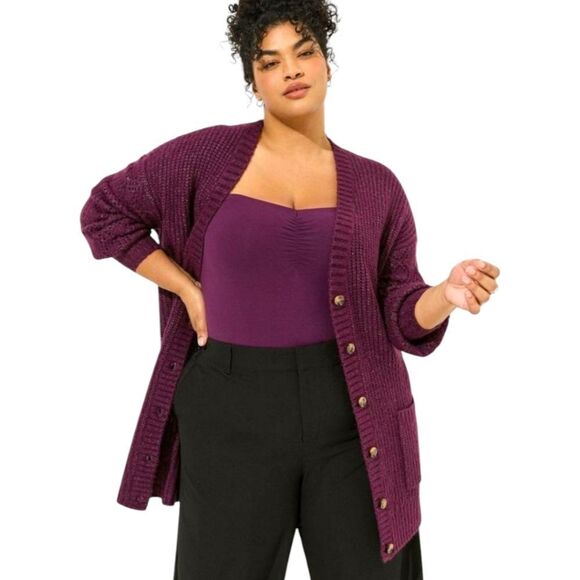 TORRID Winter Bloom Color Boyfriend Cardigan Pointelle Sleeve Sweater SIZE 2X - Picture 2 of 16